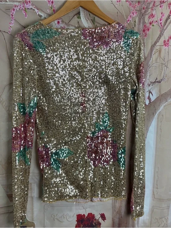 NEW Free People Gold Rush long sleeve top in a champagne floral sequin - Picture 5 of 10